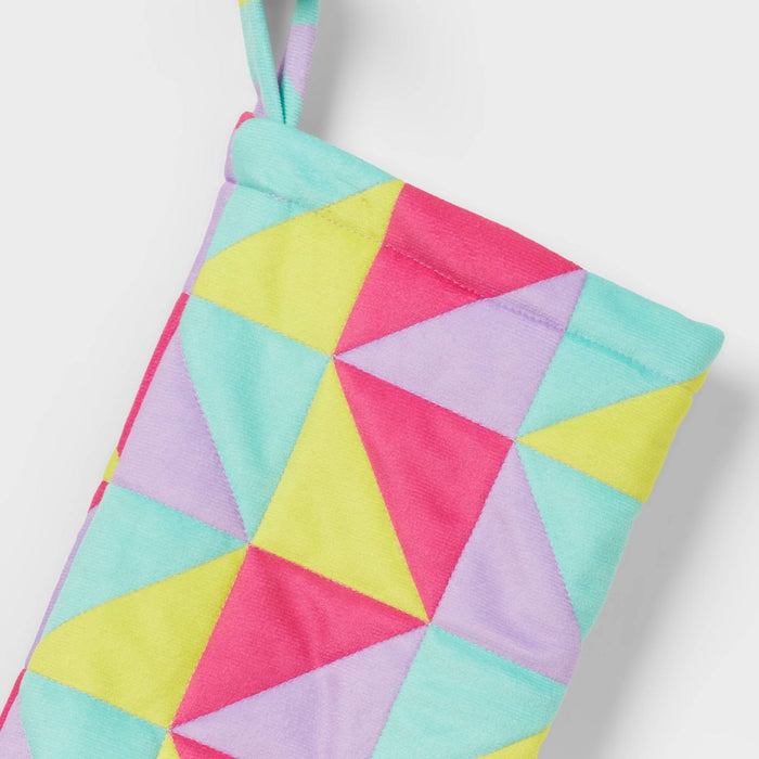 17.5" Quilted Geometric Christmas Holiday Stocking Blue/Yellow/Pink - Wondershop