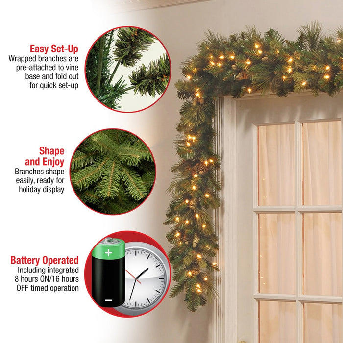 National Tree Company 9 ft. Carolina Pine Garland with Battery Operated LED Lights