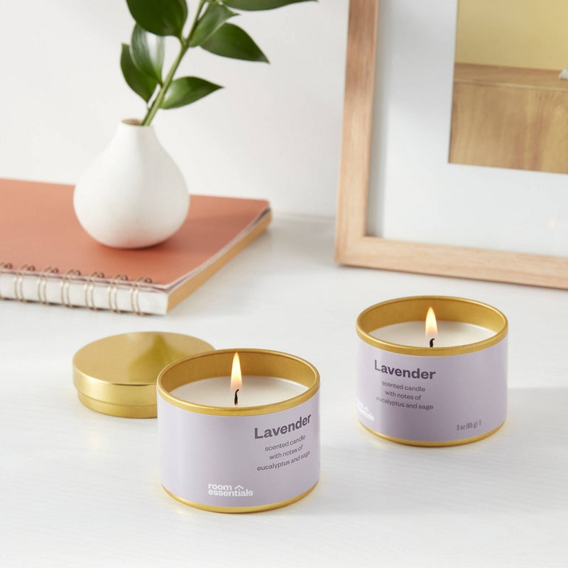 2pk 3oz Tin Gift Set Lavender - Room Essentials: Soy Wax Blend, Sage & Eucalyptus Scent, Spring Decor Jar Candle
