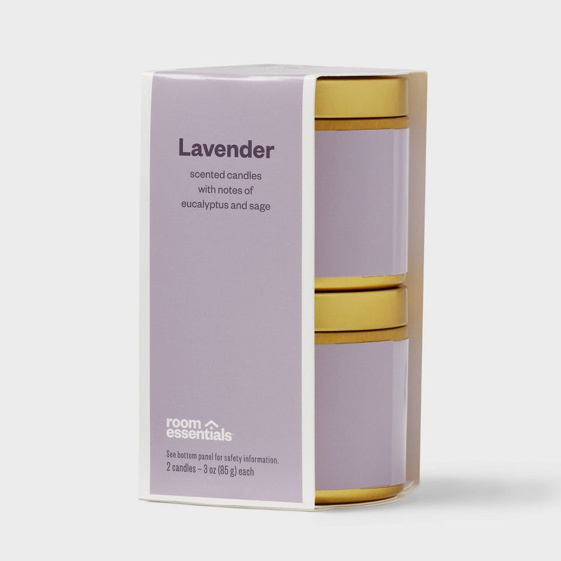 2pk 3oz Tin Gift Set Lavender - Room Essentials: Soy Wax Blend, Sage & Eucalyptus Scent, Spring Decor Jar Candle