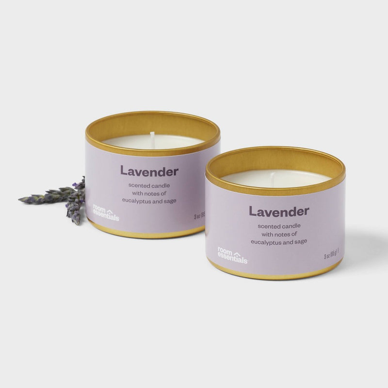 2pk 3oz Tin Gift Set Lavender - Room Essentials: Soy Wax Blend, Sage & Eucalyptus Scent, Spring Decor Jar Candle