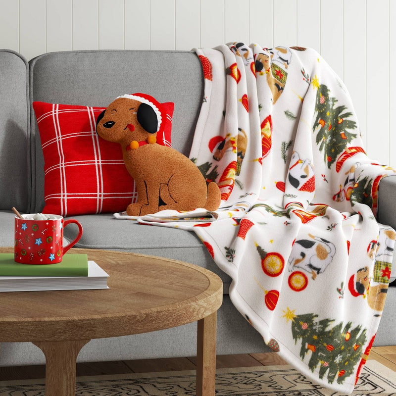 Shaped Christmas Puppy Faux Shearling Throw Pillow Brown - Wondershop