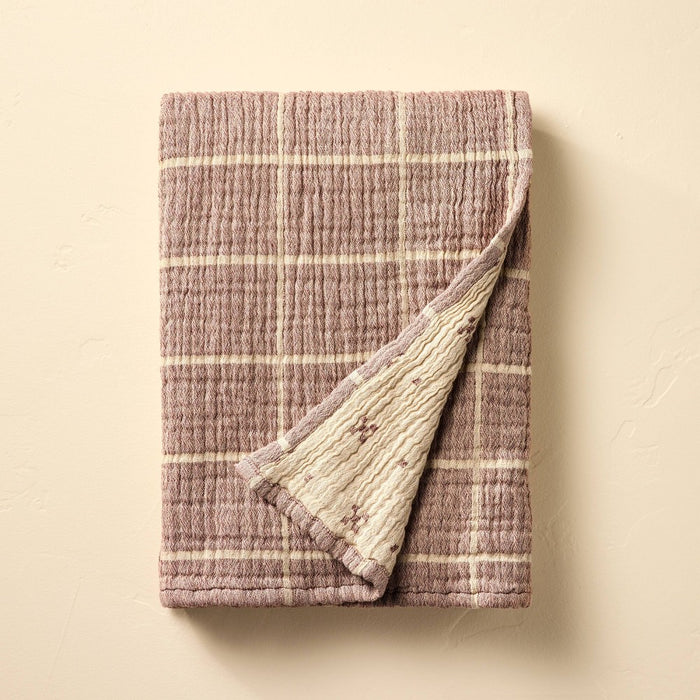 Grid Matelasse Throw Blanket Burgundy/Beige - Hearth & Hand with Magnolia: Midweight Cotton, Farmhouse Style, 50x60