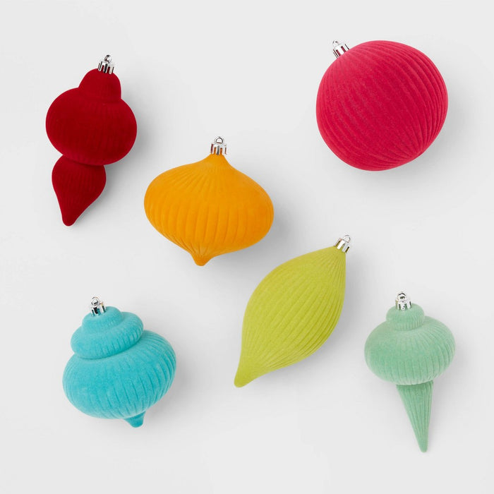 6pc Flocked Finial Christmas Tree Ornament Set Brights - Wondershop