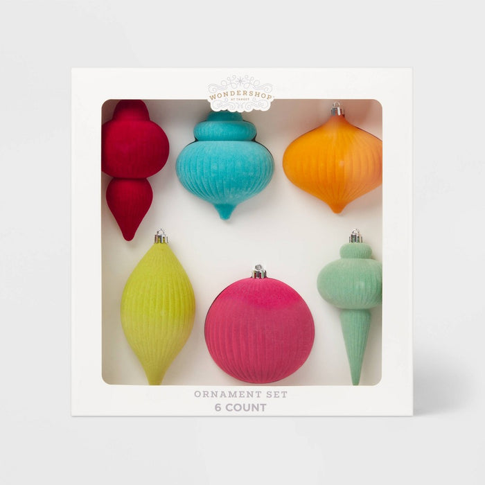 6pc Flocked Finial Christmas Tree Ornament Set Brights - Wondershop