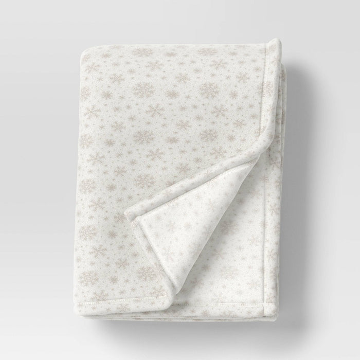 Christmas Snowflake Printed Plush Throw Blanket Ivory - Wondershop
