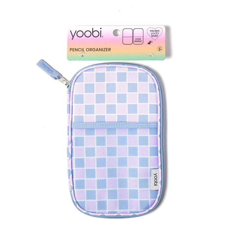 Yoobi Single Zip Pencil Pouch Organizer Blue Lilac Checker