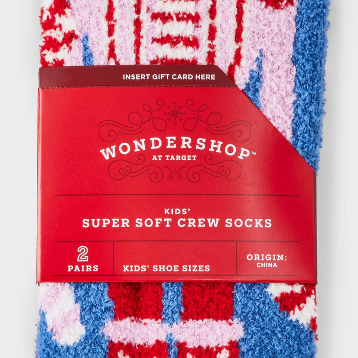 Kids' 2pk Candy Nutcracker Cozy Christmas Crew Socks with Gift Card Holder - Wondershop Blue XS/S