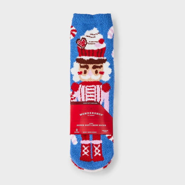 Kids' 2pk Candy Nutcracker Cozy Christmas Crew Socks with Gift Card Holder - Wondershop Blue XS/S