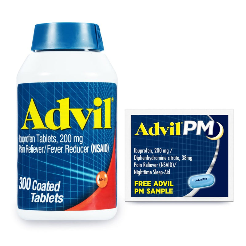Advil Pain Reliever And Fever Reducer, Ibuprofen 200Mg For Pain Relief - 300 Count, Advil PM Pain Reliever And Nighttime Sleep Aid, Ibuprofen For Pain Relief And Diphenhydramine Citrate - 2 Count