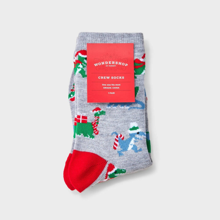 Women's Dinosaur Christmas Crew Socks - Wondershop Heather Gray 4-10