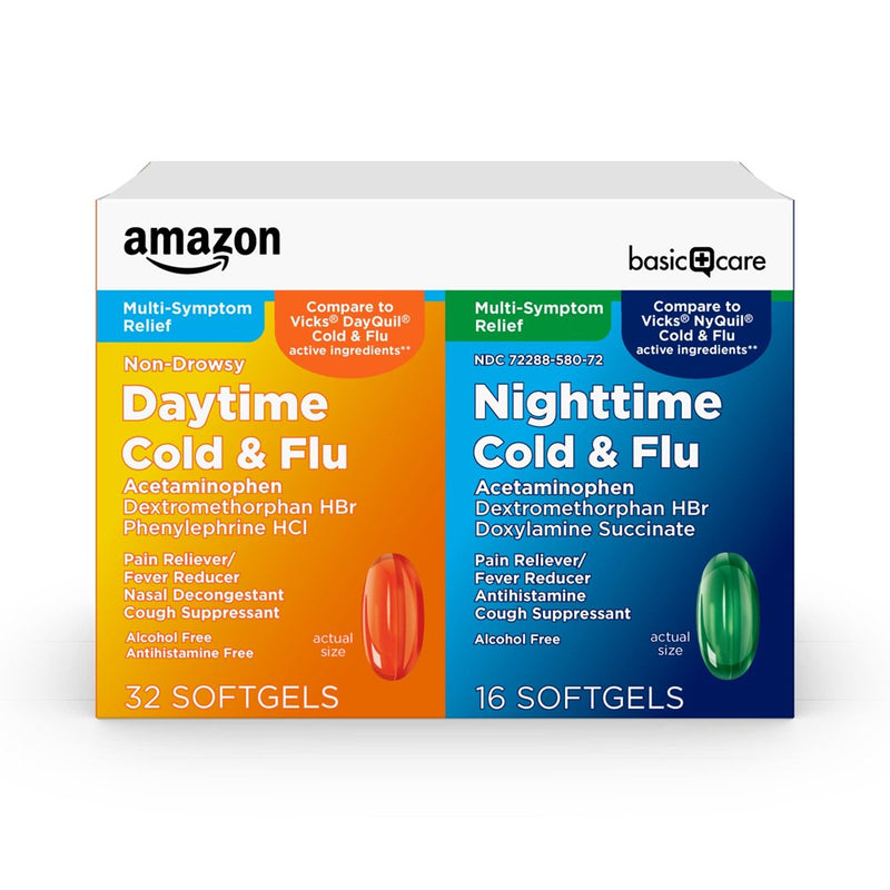 Amazon Basic Care Cold And Flu Relief, Daytime And Nighttime Combo Pack Softgels, Powerful Cold Medicine For Day And Night Multi-Symptom Relief, 48 Count(Pack Of 1)