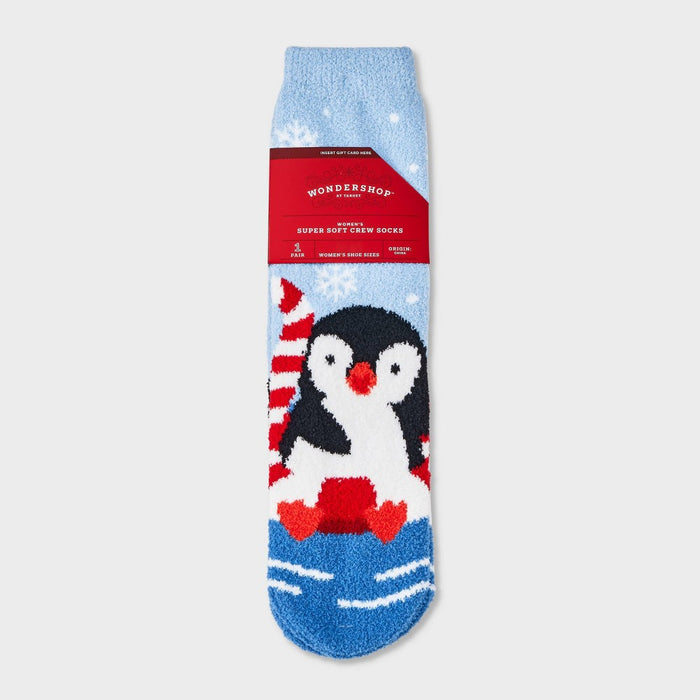 Women's Vacation Penguin Cozy Christmas Crew Socks with Gift Card Holder - Wondershop Light Blue 4-10
