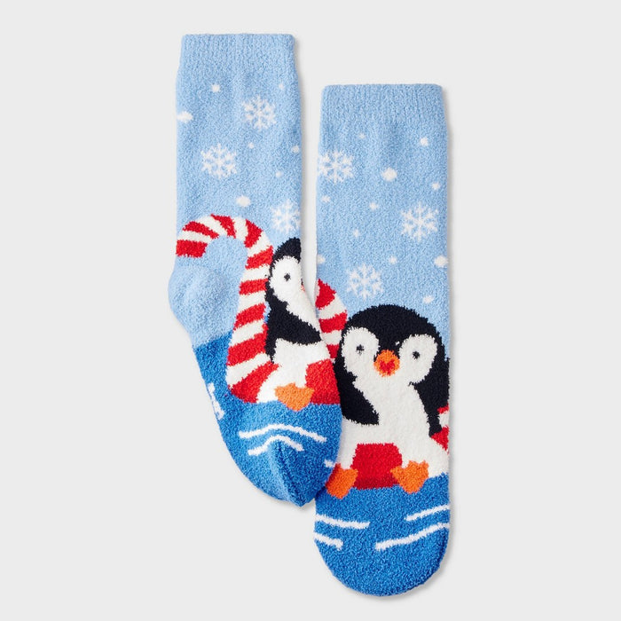 Women's Vacation Penguin Cozy Christmas Crew Socks with Gift Card Holder - Wondershop Light Blue 4-10