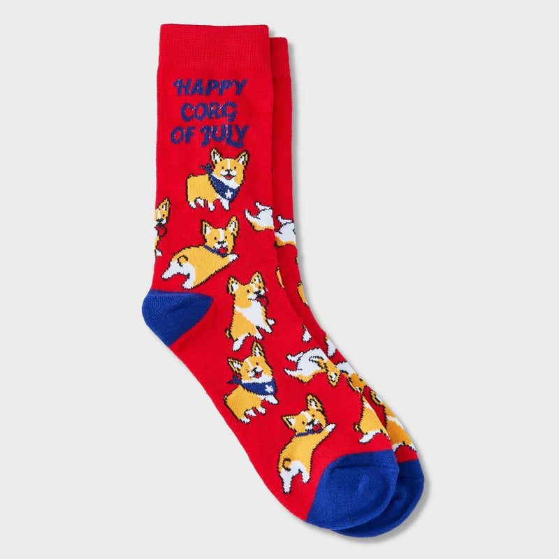 Women's 'Happy Corg of July' Dog Crew Socks - Red 4-10
