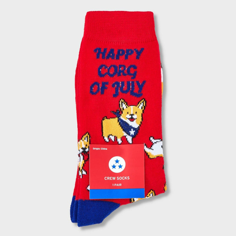 Women's 'Happy Corg of July' Dog Crew Socks - Red 4-10