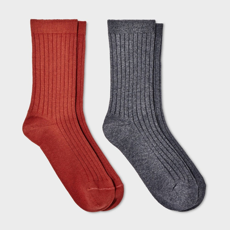 Women's 2pk Flat Knit Wide Ribbed Crew Socks - Red/Charcoal Heather 4-10