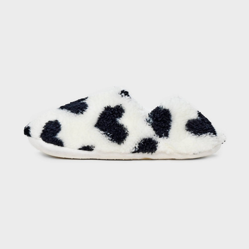Women's Hearts Cozy Fleece High Cut Pull-On Slipper Socks with Grippers - Black/Ivory S/M