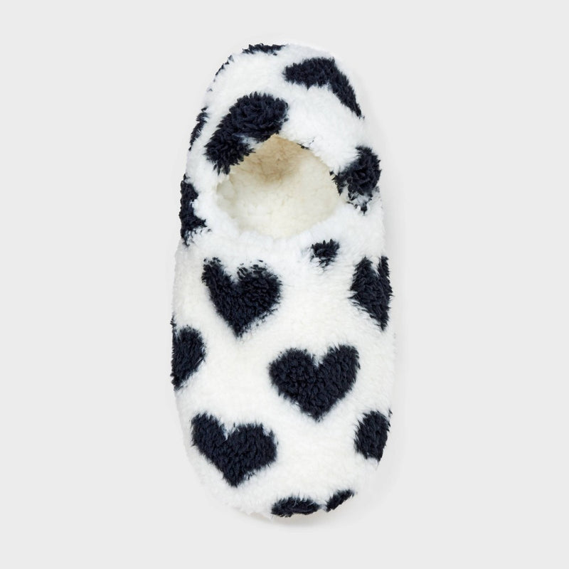 Women's Hearts Cozy Fleece High Cut Pull-On Slipper Socks with Grippers - Black/Ivory S/M