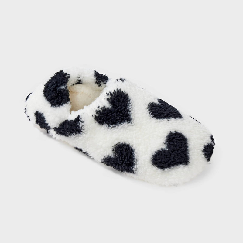 Women's Hearts Cozy Fleece High Cut Pull-On Slipper Socks with Grippers - Black/Ivory S/M