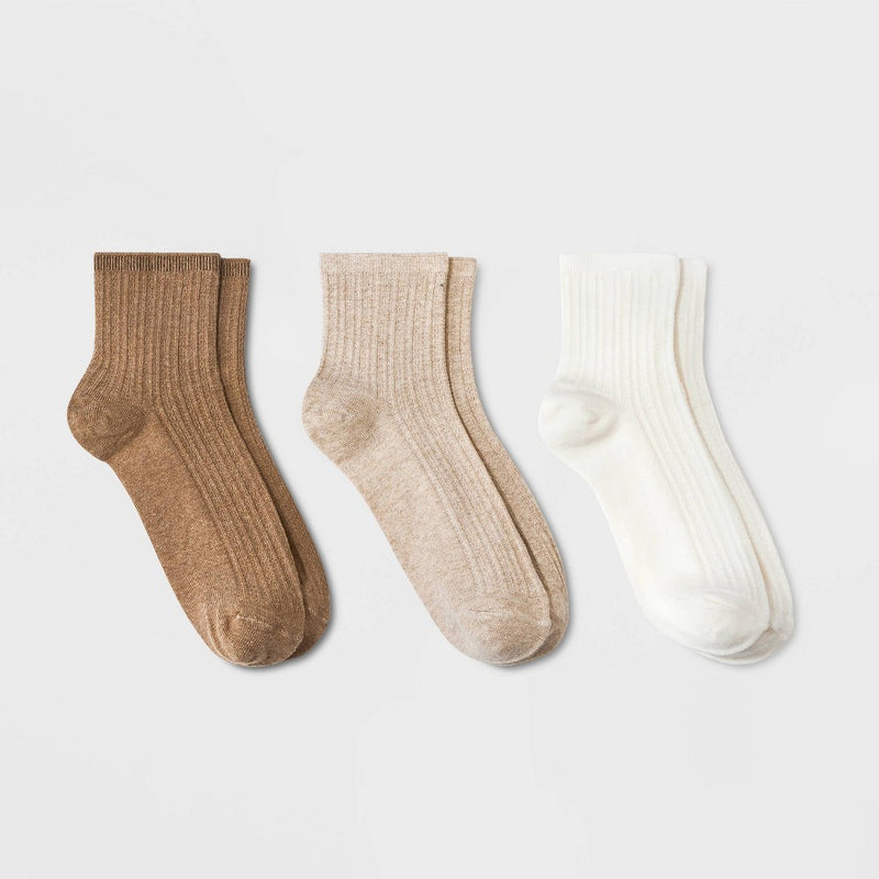 Women's 3pk Pointelle Stitch Ankle Socks - Universal Thread Brown/Oatmeal Heather/Ivory 4-10