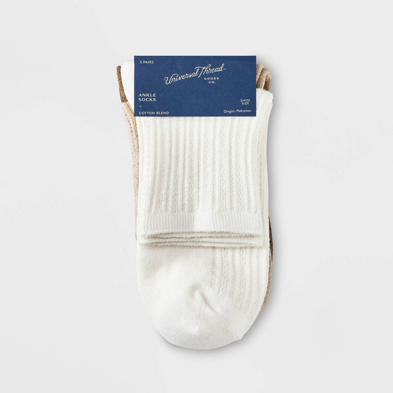 Women's 3pk Pointelle Stitch Ankle Socks - Universal Thread Brown/Oatmeal Heather/Ivory 4-10
