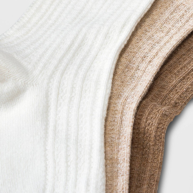 Women's 3pk Pointelle Stitch Ankle Socks - Universal Thread Brown/Oatmeal Heather/Ivory 4-10