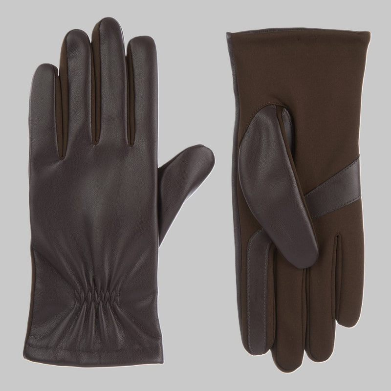 Isotoner Faux Leather Glove with Gathered Wrist - Brown S/M