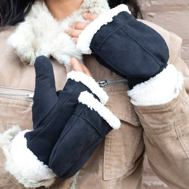 Isotoner Microsuede Flip Top Mittens - Black L/XL