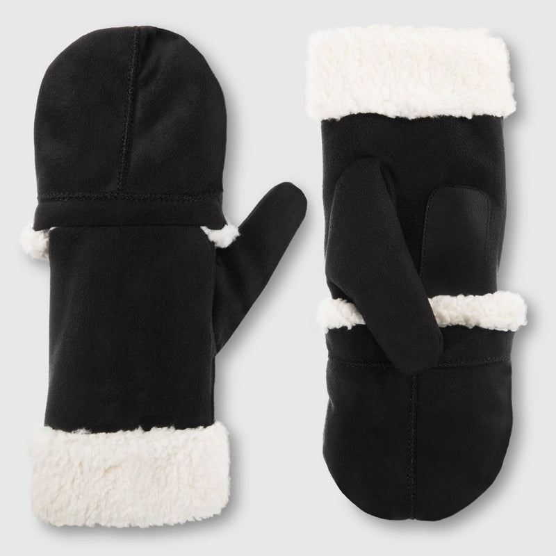 Isotoner Microsuede Flip Top Mittens - Black L/XL