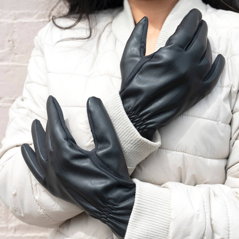 Isotoner Faux Leather Glove with Gathered Wrist - Black L/XL