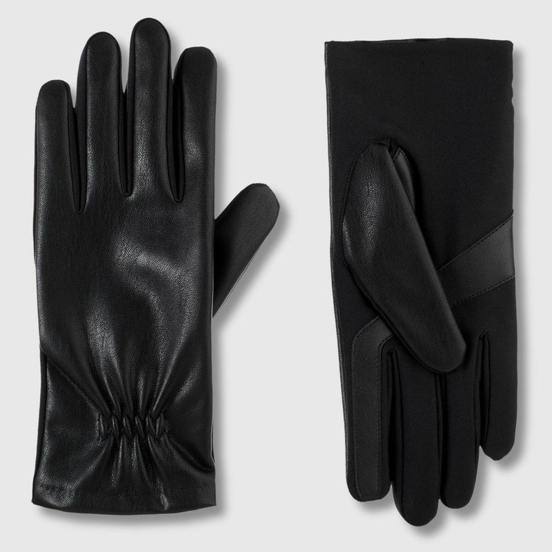 Isotoner Faux Leather Glove with Gathered Wrist - Black L/XL