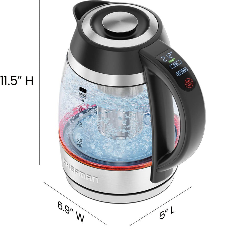 Chefman 1.8L Lightning Borosilicate Glass Electric Kettle: Stainless Steel Lid, 1750W, Hand Wash, Silver & Black Accents