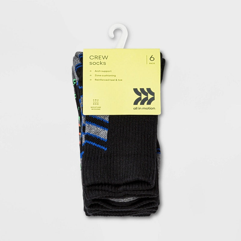 Kids' 6pk Crew Athletic Socks - All In Motion Black M