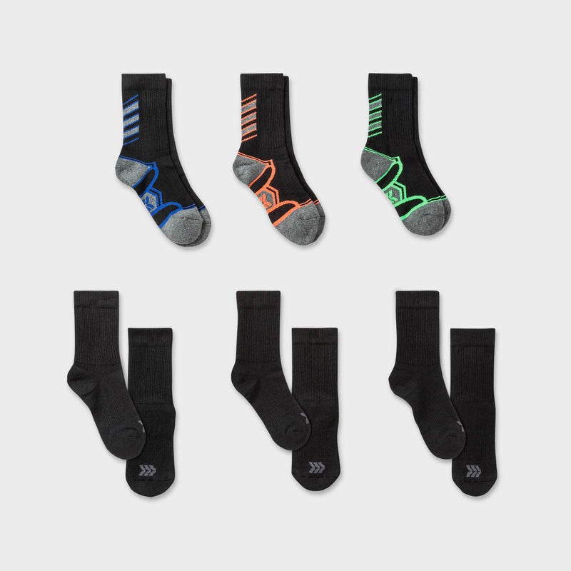 Kids' 6pk Crew Athletic Socks - All In Motion Black M