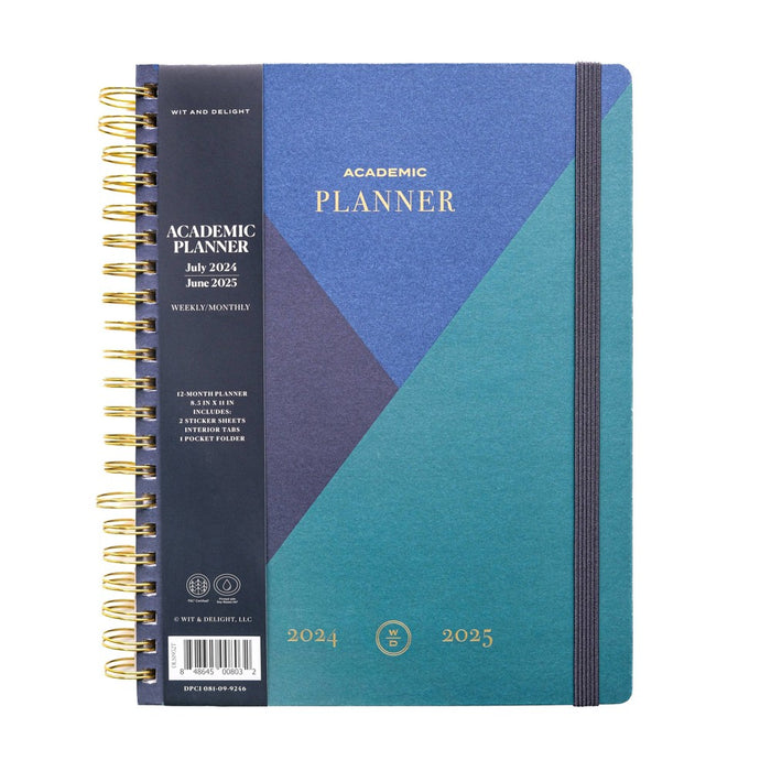 Wit & Delight 2024-25 Weekly/Monthly Academic Planner 11"x8.5" Matte Spiral Blue Color Block: Tabs, Pockets, Ring Binding