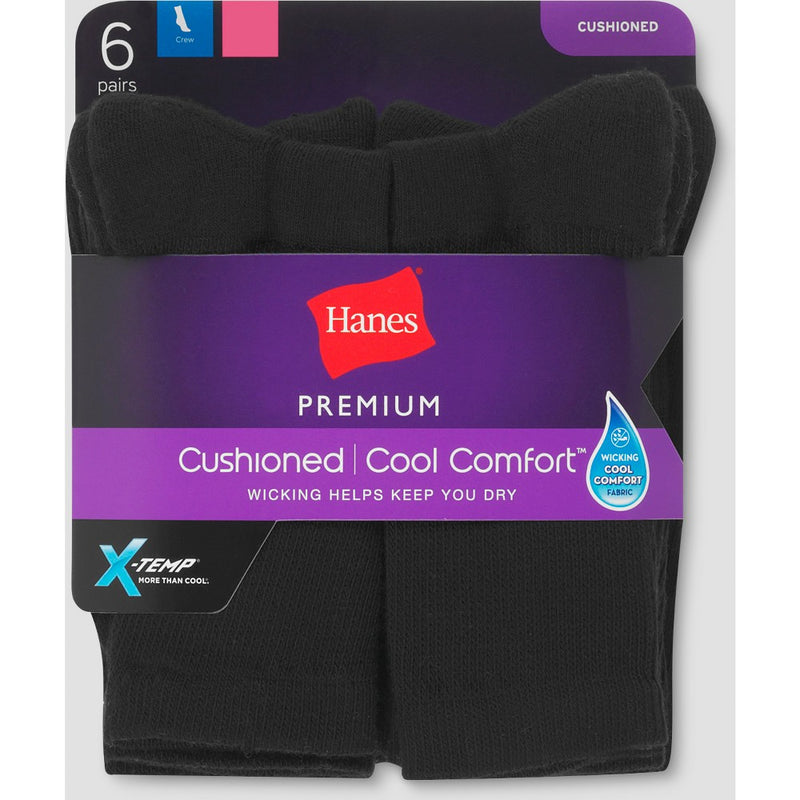 Hanes Women's 6-Pack Premium Crew Cushion Socks 709/6 - Black 5-9