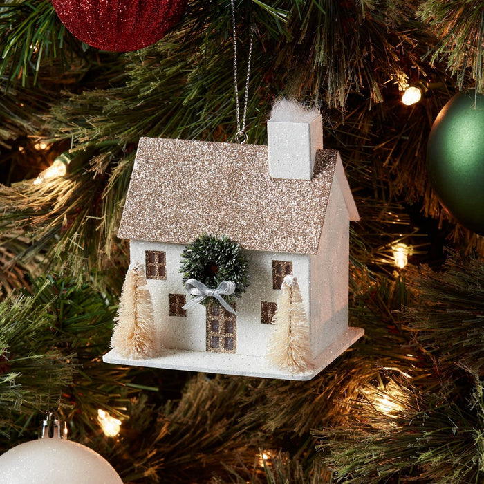 Glittered Paper House with Wreath and Bottle Brush Trees Christmas Tree Ornament White - Wondershop