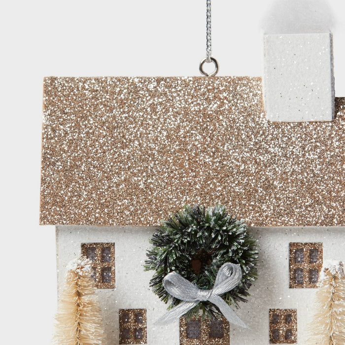 Glittered Paper House with Wreath and Bottle Brush Trees Christmas Tree Ornament White - Wondershop