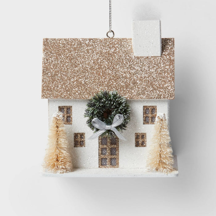 Glittered Paper House with Wreath and Bottle Brush Trees Christmas Tree Ornament White - Wondershop