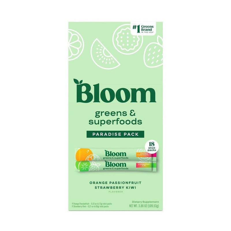 BLOOM NUTRITION Greens and Superfoods Powder Stick Packs - Orange Passionfruit/Strawberry Kiwi - 3.86oz/18ct