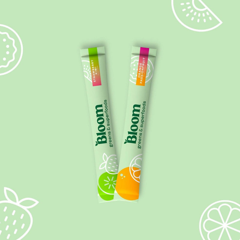 BLOOM NUTRITION Greens and Superfoods Powder Stick Packs - Orange Passionfruit/Strawberry Kiwi - 3.86oz/18ct