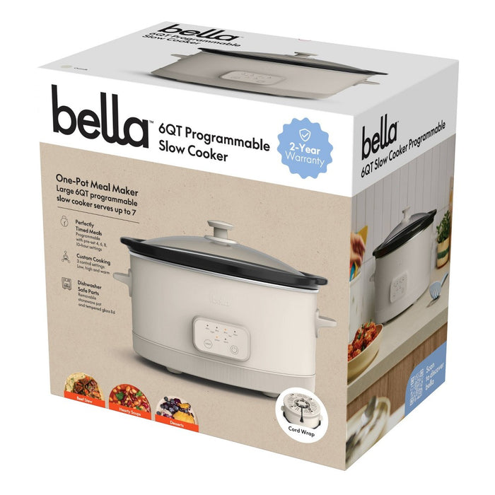 bella 6qt Programmable Slow Cooker Oatmilk: bella Housewares, 3 Settings, Removable Stoneware, Dishwasher-Safe, 260W