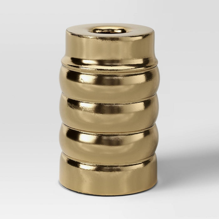 Short Ribbed Taper Holder Gold - Threshold: Modern Iron Tabletop Candlestick, 3.5" High
