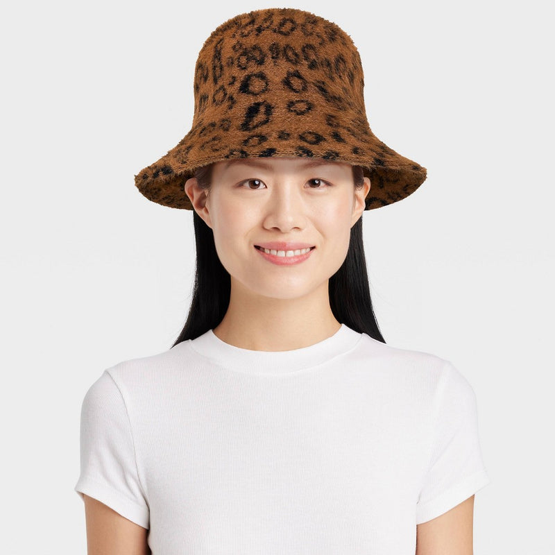Fuzzy Leopard Print Bucket Hat - A New Day Brown