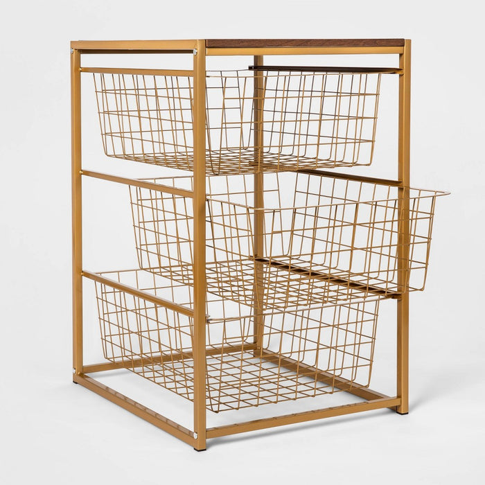 3 Drawer Organizer Brass with Walnut Wood - Brightroom: Decorative Storage, Metal Frame, Bedroom Dressers (LOCAL PICKUP ONLY)