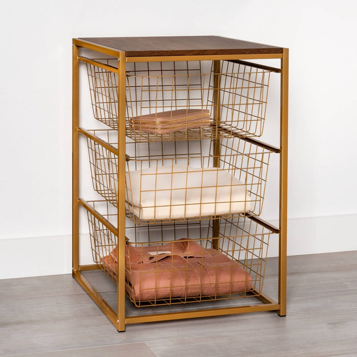 3 Drawer Organizer Brass with Walnut Wood - Brightroom: Decorative Storage, Metal Frame, Bedroom Dressers (LOCAL PICKUP ONLY)