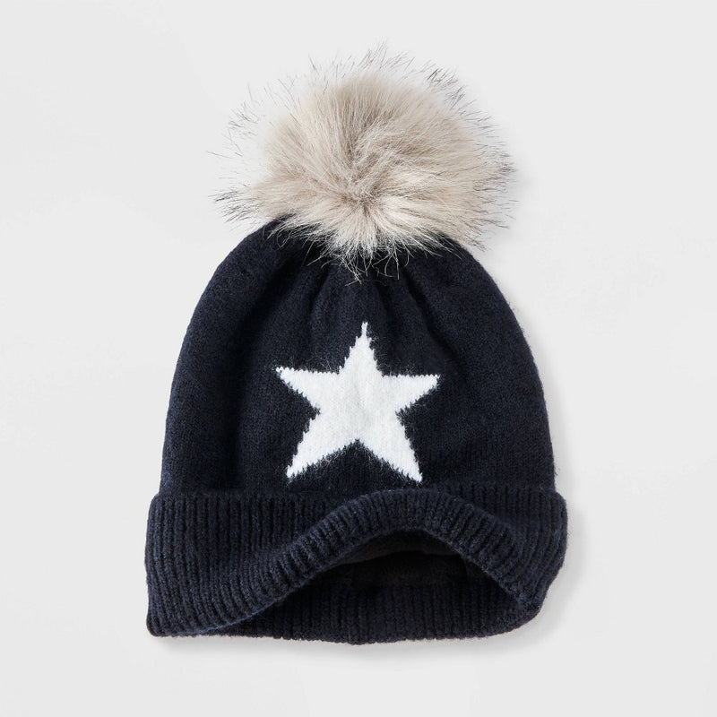 Kids' Jacquard Star and Faux Fur Pom Knitted Beanie - art class Black/White