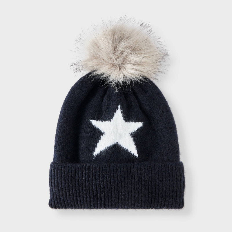 Kids' Jacquard Star and Faux Fur Pom Knitted Beanie - art class Black/White