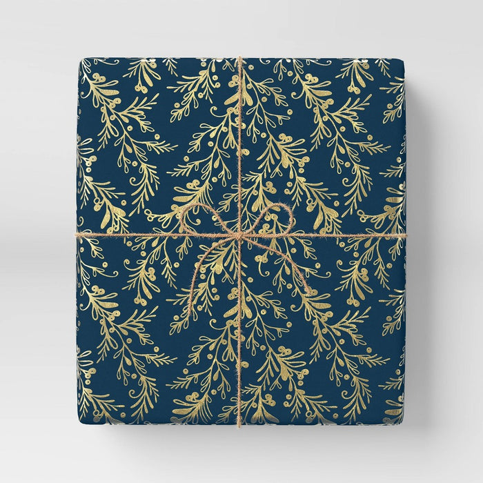 25 sq ft Greenery Christmas Gift Wrap Navy - Wondershop